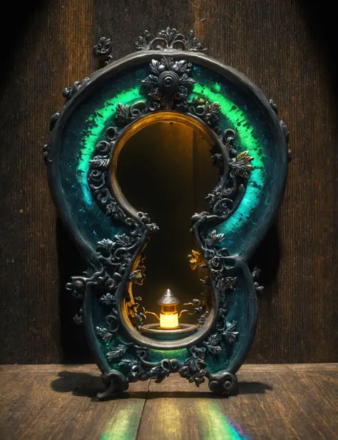 a close up of a mirror with a candle in it