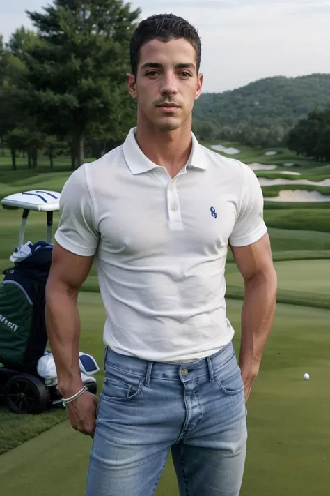 <lora:manurios_lora:0.7> manurios, wearing a polo shirt and jeans, at the golf course, stubble