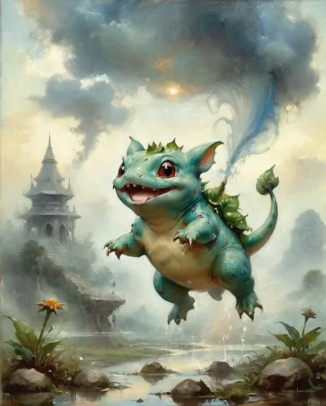 stylized by luis royo, jim lee and boris vallejo, oil painting of a Happy Bulbasaur, Foggy conditions, Lyrical Abstraction, <lora:ClassipeintXL2.1:1>