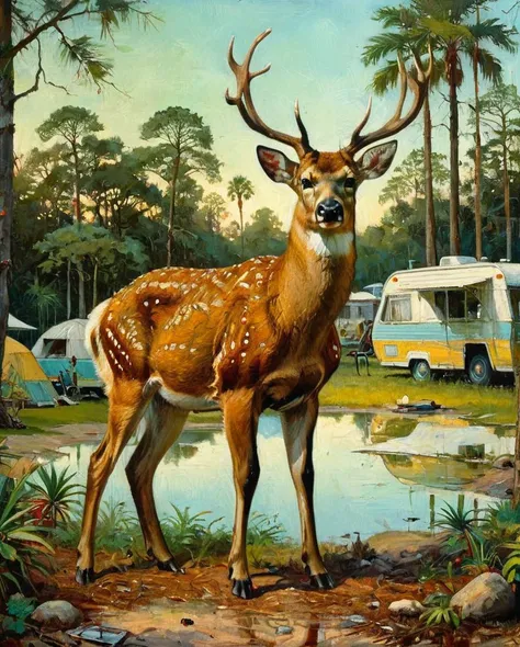 (art by James C. Christensen:0.8) and Jack Ohman, oil painting of a highly detailed, Absurd Tropical Deer, Broken Campground in background, at Dusk, Berlin Secession, Indirect light, F/1.8, sci-fi, <lora:ClassipeintXL2.1:1>