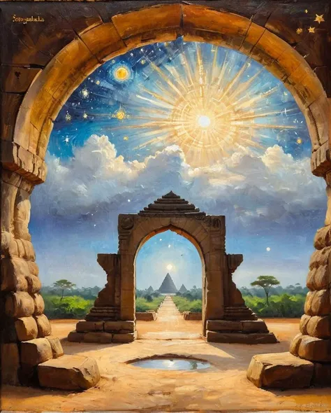 [ (stylized by Berndnaut Smilde:1.0) | (Maruyama Åkyo:1.1) ], oil painting of a landscape of a Mahabalipuram from inside of a Stargate, beautiful, Stars in the sky, Amusing, Sunlight, 800mm lens, <lora:ClassipeintXL2.1:1>