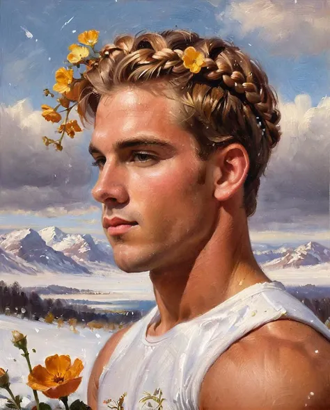 oil painting of a Loving (Male Athlete:1.3) , concept art, he has Caramel hair styled as Crown braid, Miserable flowers, Snowy, horizon-centered, designed by Alex Horley, Bill Medcalf, Wonder, Kodak UltraMax 400, F/2.8, painterly, <lora:ClassipeintXL2.1:1>