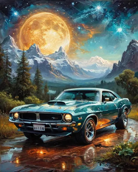 oil painting of a Muscle car, in a Lord of the Rings setting, Celestial equator background, Sunny, Cosy, Astropunk, Moonlit, designed by Marek Okon and dan mumford, painterly, robotic, <lora:ClassipeintXL2.1:1>