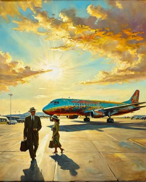 by Dorothea Tanning and Joe Fenton, oil painting of a beautiful Airport, Sunny, Ultra Detailed, side lit, Psychedelic background, <lora:ClassipeintXL2.1:1>