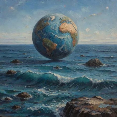 An oil painting of a planet with blue oceans and no land <lora:add-detail-xl:1>  <lora:ClassipeintXL2.1:1>