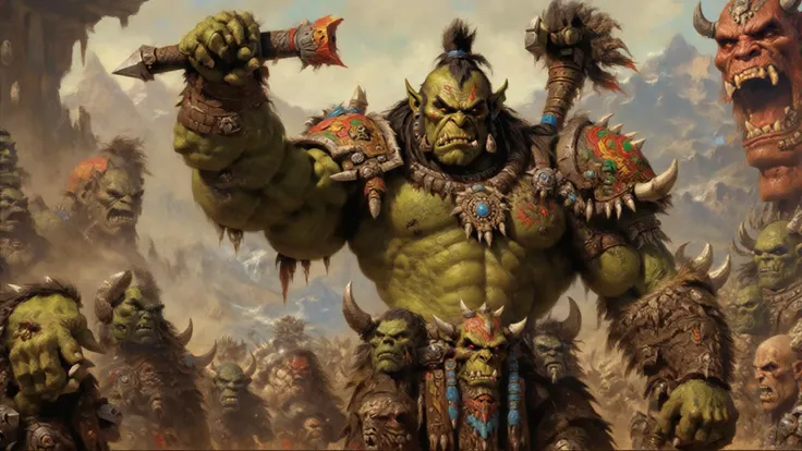 in the style of world of warcraft, blizzard studio style, fabulous award winning professional oil painting ofIn a vivid and fantastical art style, a massive, muscular orc stands tall as the commanding leader of a horde in the Warhammer 40k universe. The or...