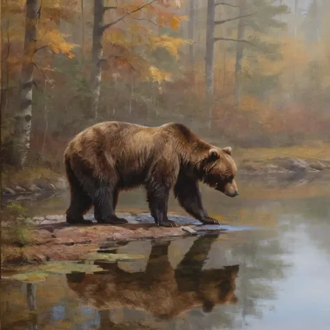 oil painting of a  brown bear drinking from a clear pond in the (misty:1.4) autumn forest, reflections  <lora:ClassipeintXL1.9:1>