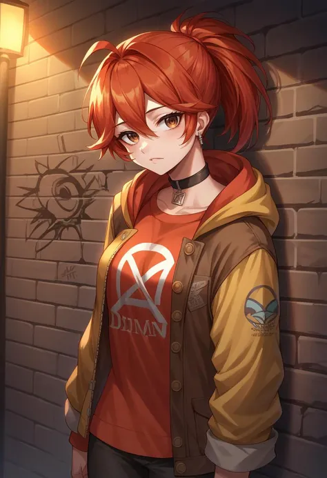 score_9, score_8_up, source_anime, 1girl, solo, AdrianaRivera, red hair, long hair, ponytail, hair between eyes, brown eyes, earrings, sharp eyes, choker, neon shirt, open jacket, turtleneck sweater, night, against wall, brick wall, graffiti, dim lighting,...