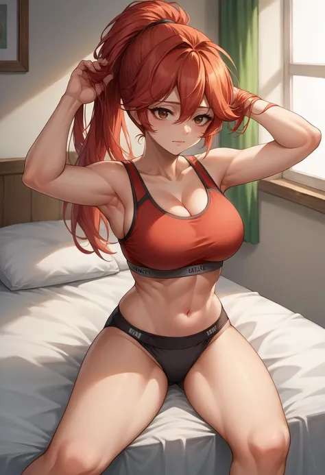 score_9, score_8_up, source_anime, 1girl, solo, AdrianaRivera, red hair, long hair, ponytail, hair between eyes, brown eyes, arms up, black panties, bra, breasts, cleavage, panties, sitting, sports bra, underwear, on bed, hand in own hair, <lora:ChamAdrian...