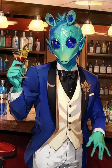 there is a man in a blue suit and tie holding a drink