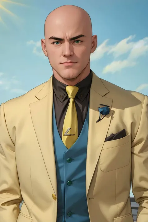 <lora:Lex Luthor (Tomorrowverse)_v1:1> lex luthor, bald, green eyes, yellow suit, open clothes, black shirt, collared shirt, blue vest, yellow necktie, yellow pants, upper body, blue sky