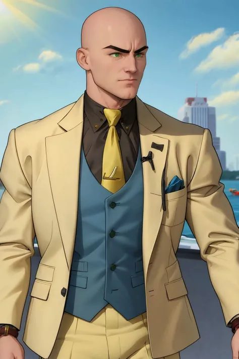 <lora:Lex Luthor (Tomorrowverse)_v1:1> lex luthor, bald, green eyes, yellow suit, open clothes, black shirt, collared shirt, blue vest, yellow necktie, yellow pants, upper body, blue sky