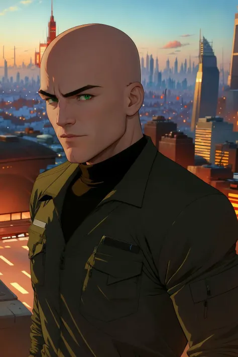 <lora:Lex Luthor (Tomorrowverse)_v1:1> lex luthor, bald, green eyes, green jacket, black shirt, turtleneck, brown pants, upper body, cityscape background