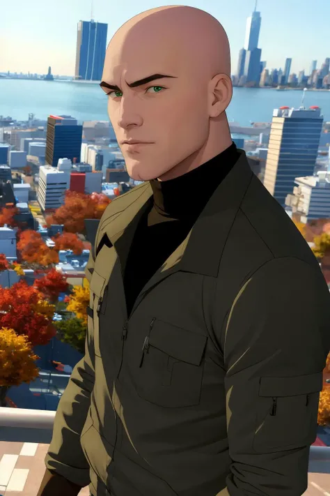 <lora:Lex Luthor (Tomorrowverse)_v1:1> lex luthor, bald, green eyes, green jacket, black shirt, turtleneck, brown pants, upper body, cityscape background