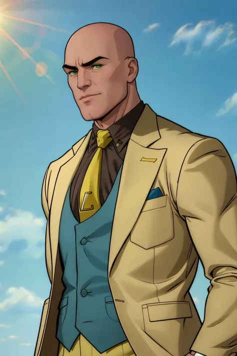 <lora:Lex Luthor (Tomorrowverse)_v1:1> lex luthor, bald, green eyes, yellow suit, open clothes, black shirt, collared shirt, blue vest, yellow necktie, yellow pants, upper body, blue sky