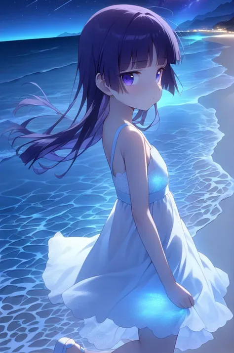 a girl in a white dress standing on a beach next to the ocean