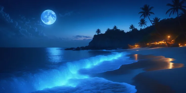 a view of a beach with a full moon and palm trees