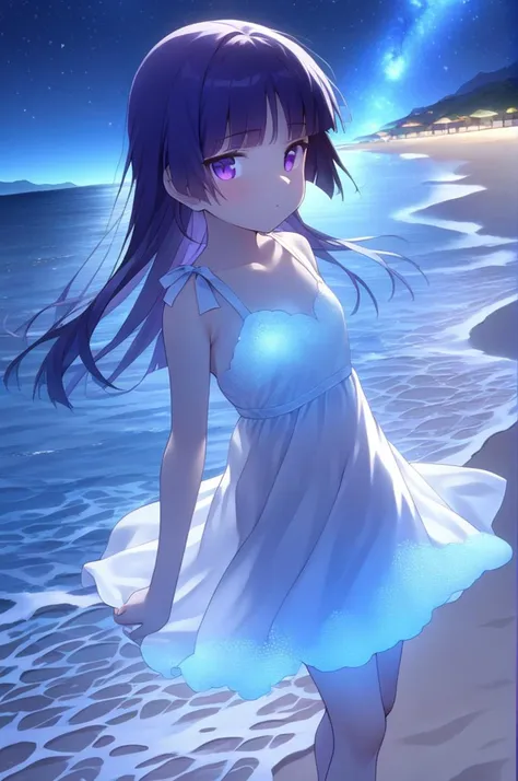 a woman in a dress standing on a beach next to the ocean