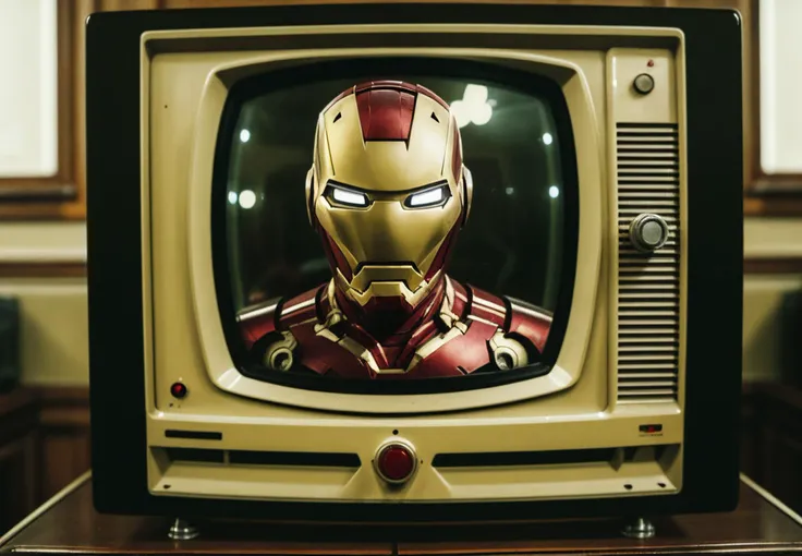 a close up of a television with a iron man on it