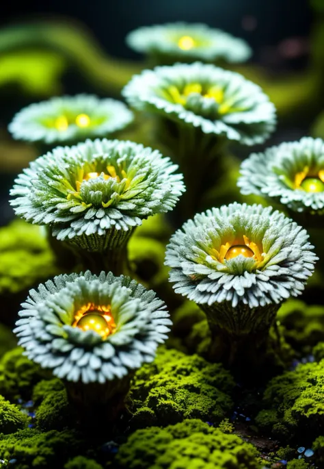 there are many white flowers that are growing on a mossy surface