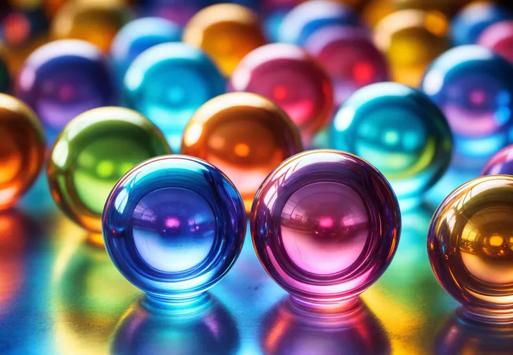 a close up of a group of colorful glass balls on a table