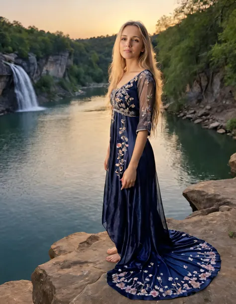 a woman standing on a rock near a waterfall in a blue dress