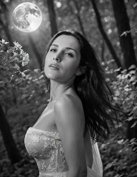 a woman in a dress standing in a forest with a full moon