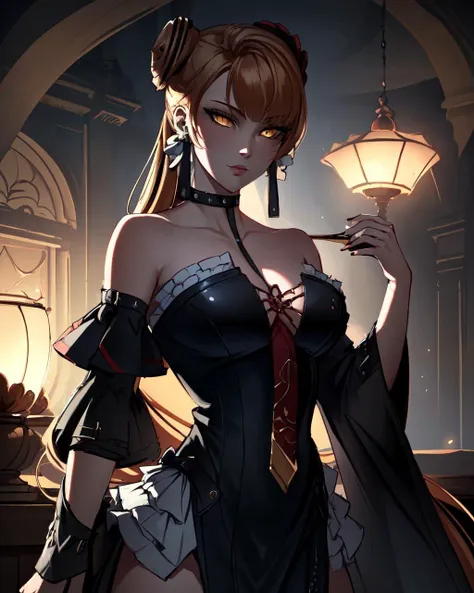 a woman in a corset dress holding a knife and a lamp