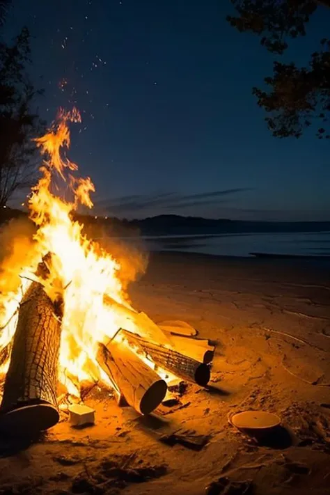 araffe on the beach with a fire in the middle of it