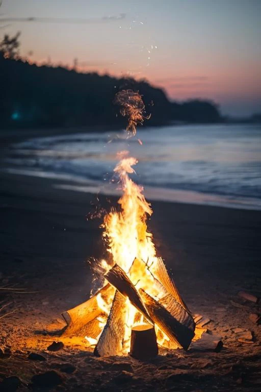 a close up of a bonfire on a beach with a sky background