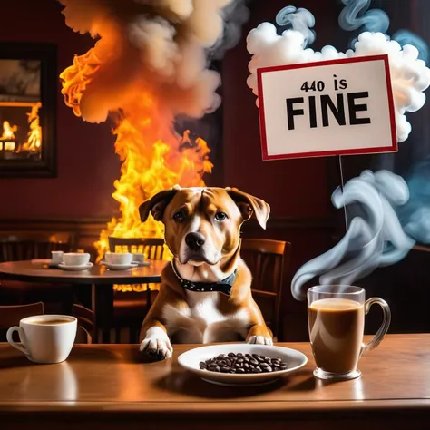 there is a dog sitting at a table with a plate of food and a sign