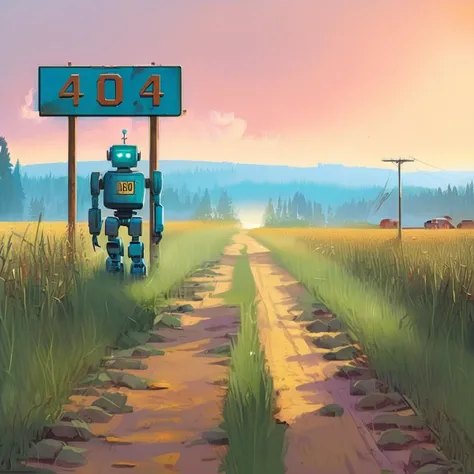 illustration of a robot standing in a field next to a road