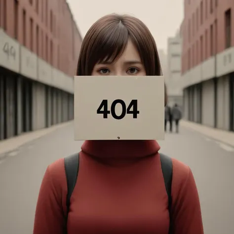 arafed woman with a sign that reads 404 on a street