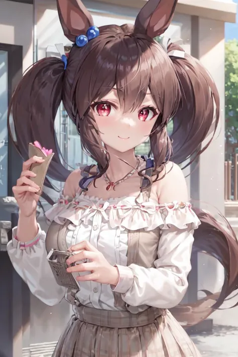 anime girl with long hair and a dress holding a cup