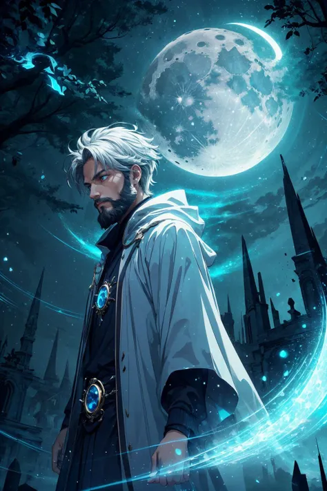 a man with white hair and a beard standing in front of a full moon