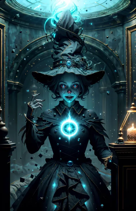 a woman in a witch costume holding a glowing ball