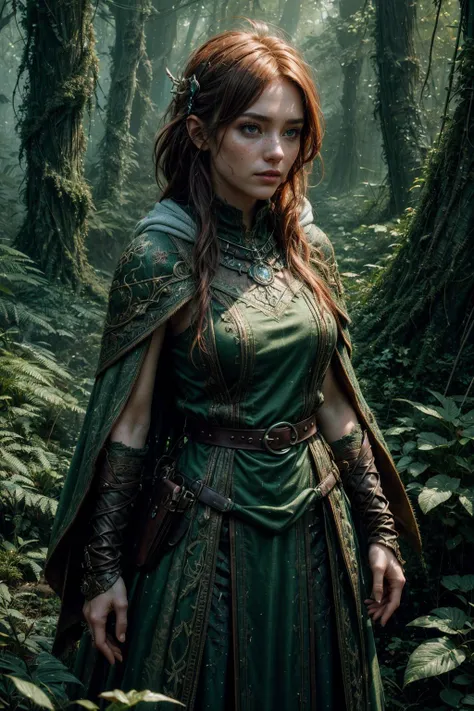 a woman in a green dress standing in a forest