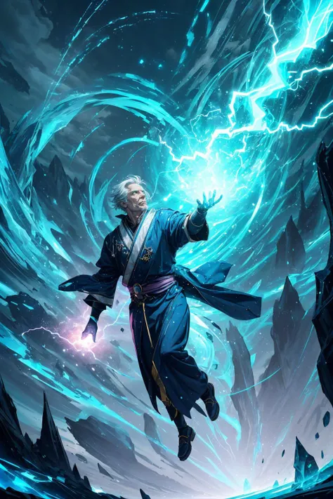 a man in a blue robe is flying through a vortex