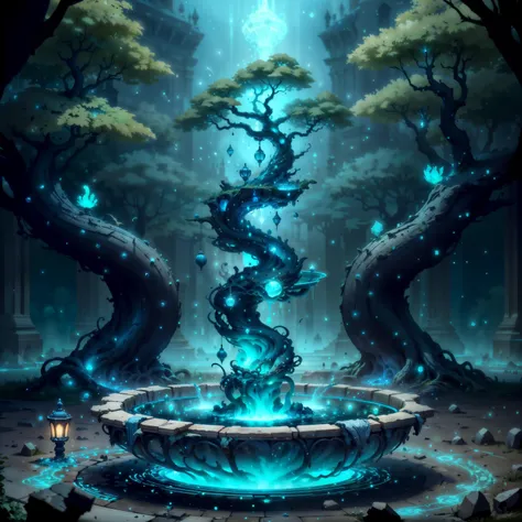 <lora:add_detail:0.4> <lora:CreationMagic-21:0.6> creationmagic, ethereal creation, (masterpiece, best quality, highly detailed:1.2), (magical, small fountain, glowing engravings), blue tree, blue glow, blue magic, medieval, ancient architecture, glistenin...