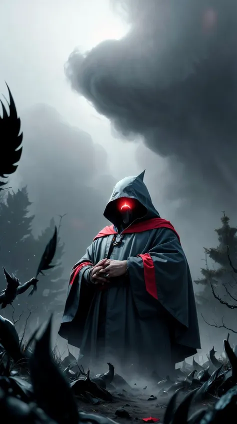 NESStyle  portrait, solo, half shot, looking down, detailed background, detailed face, (renaissance theme:1.1), glowing eyes, raven-guardian, harbinger of the raven-queen, dark feathers, wearing tattered  robe, hood,  calm,       echoes of the past, glimme...