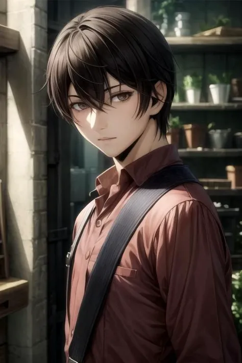 masterpiece, best quality, illustration, 1boy, solo, male focus, looking at viewer, upper body, depth of field, , realistic, <lora:ryouta_sakamoto:0.78>, ryouta_sakamoto, black hair, brown eyes, texan costume, factory,