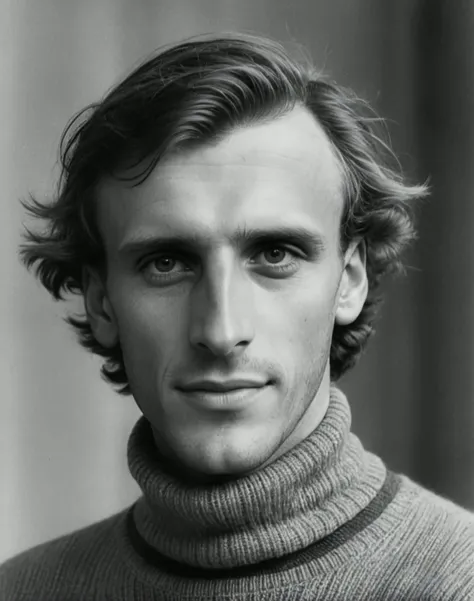 <lora:Leni_Riefenstahl_Style_-_Triumph_of_the_LoRA_XL:1> Leni Riefenstahl Style, young happy man, wearing decorative turtleneck sweater <lora:sdxl_Grungy:0.5>