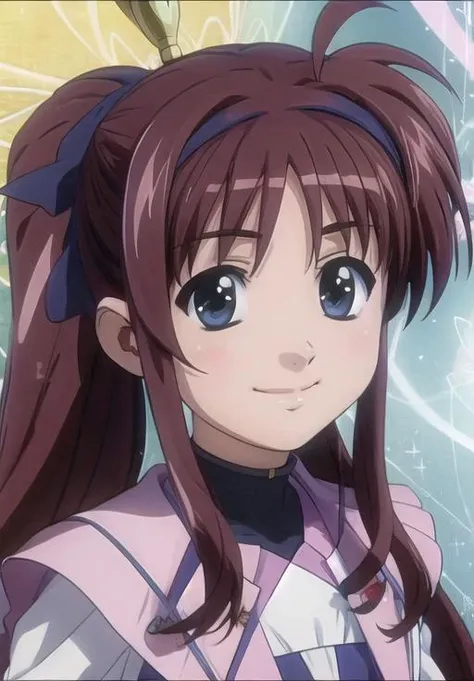 anime screencap, <lora:MagicalGirlLyricalNanoha:0.8> SuzukaTsukimura, smile, (magical, magnificent, masterpiece:1.3)