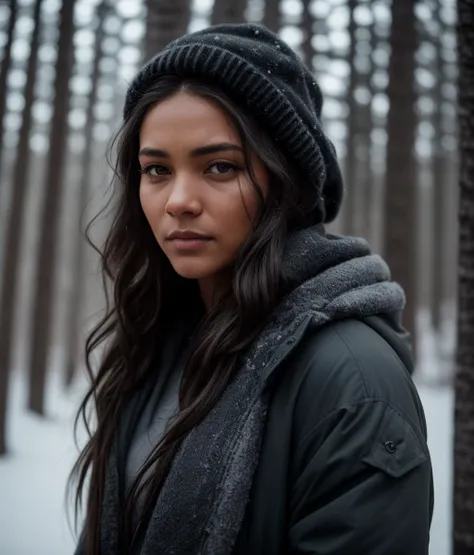 A photorealistic portrait of a scared woman with long hair, wearing a grey parka, black pullover, blue jeans, deep in the woods, dystopian dark forest at (night), natural skin texture, winter, snow, nightmare scenery, 24mm, 4k textures, soft cinematic ligh...