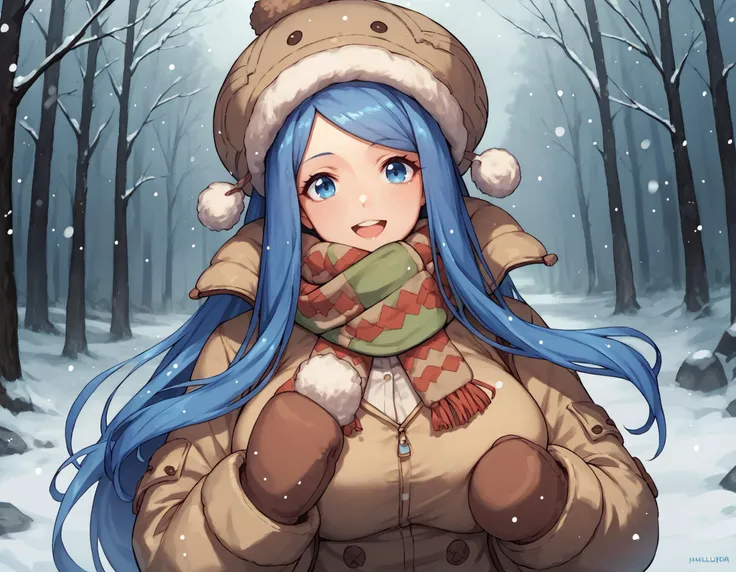 anime girl with blue hair and a brown jacket and hat