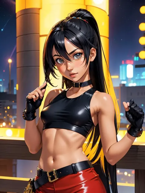 1girl, bare shoulders, black hair, fingerless gloves, gloves, long hair, pants, realistic, solo, standing, tank top, 
masterpiece, best quality, intricate detail, skullgirls-48600,