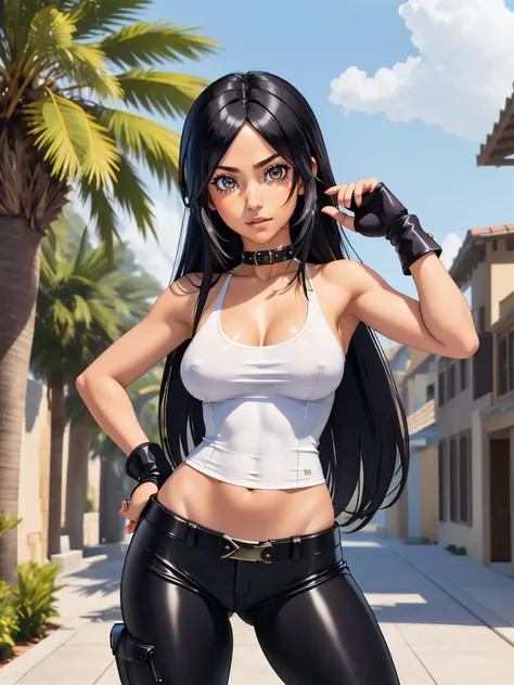 1girl, bare shoulders, black hair, fingerless gloves, gloves, long hair, pants, realistic, solo, standing, tank top, 
masterpiece, best quality, intricate detail, skullgirls-48600,