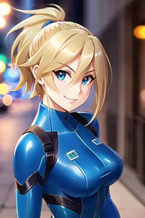 1girl, solo, (highly detailed eyes), detailed face, intricate details, portrait, samus aram, blonde hair, (blue eyes), short hair, (ponytail), (cityscape), ((zero suit)), soft lighting, seductive smile, looking at viewer, alexahad-16600