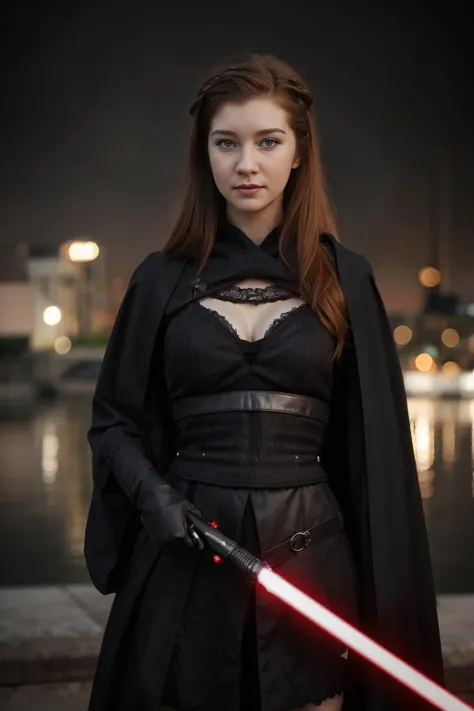 a woman in a black dress and cape holding a light saber