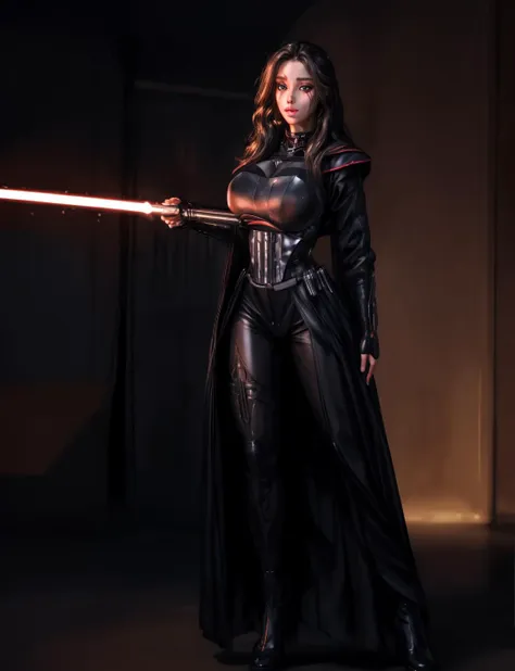 a woman in a black outfit holding a light saber